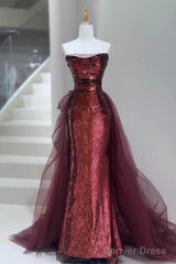 Wine Red Sequins Long Party Dress With Tulle, Wine Red Long Formal Dress Prom Dress