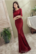 Wine Red Sequins Mermaid Long Prom Dress Prom Dress, Dark Red Sequins Bridesmaid Dresses