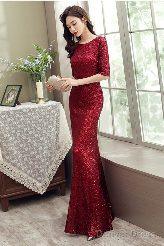 Wine Red Sequins Mermaid Long Prom Dress Prom Dress, Dark Red Sequins Bridesmaid Dresses