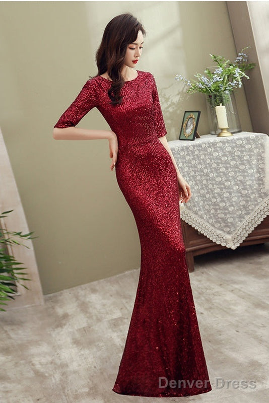Wine Red Sequins Mermaid Long Prom Dress Prom Dress, Dark Red Sequins Bridesmaid Dresses