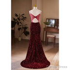 Wine Red Sequins Mermaid Long Prom Dress, Wine Red Prom Dress