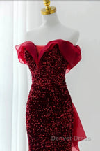 Wine Red Sequins Mermaid Long Party Dresses, Off Shoulder Sweetheart Prom Dresses