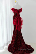 Wine Red Sequins Mermaid Long Party Dresses, Off Shoulder Sweetheart Prom Dresses