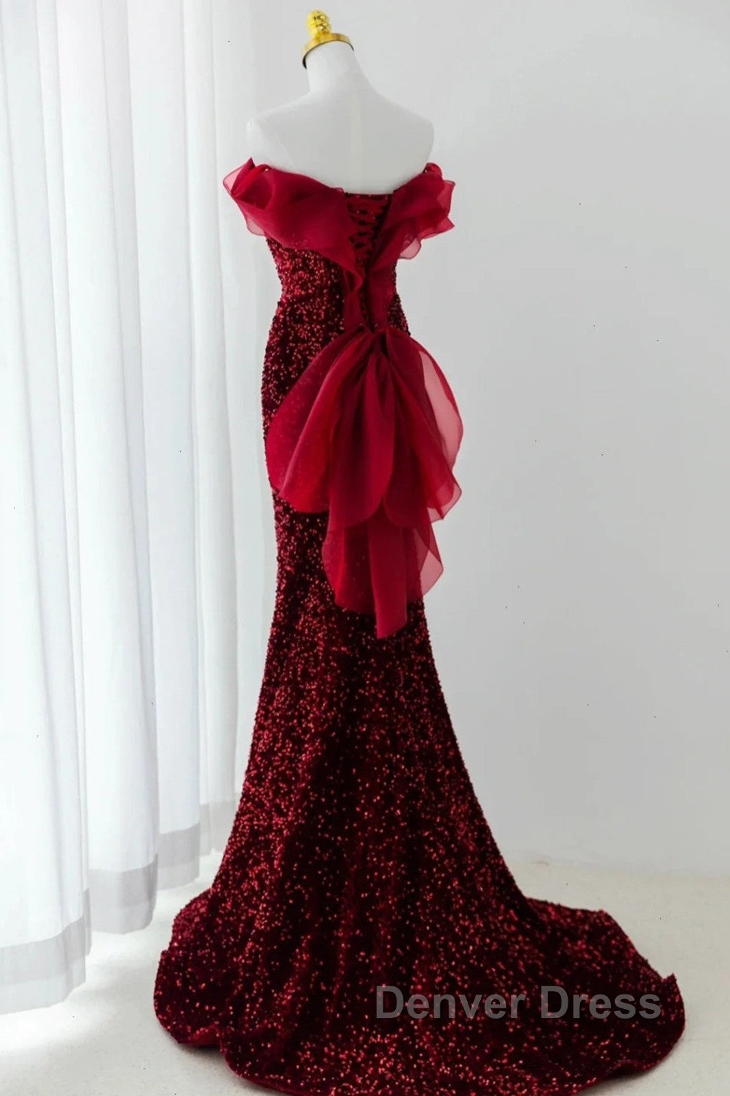 Wine Red Sequins Mermaid Long Party Dresses, Off Shoulder Sweetheart Prom Dresses