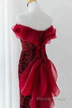 Wine Red Sequins Mermaid Long Party Dresses, Off Shoulder Sweetheart Prom Dresses