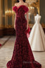 Wine Red Sequins Mermaid Long Party Dresses, Off Shoulder Sweetheart Prom Dresses