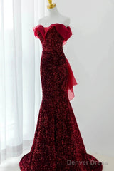 Wine Red Sequins Mermaid Long Party Dress, Off Shoulder Sweetheart Prom Dress