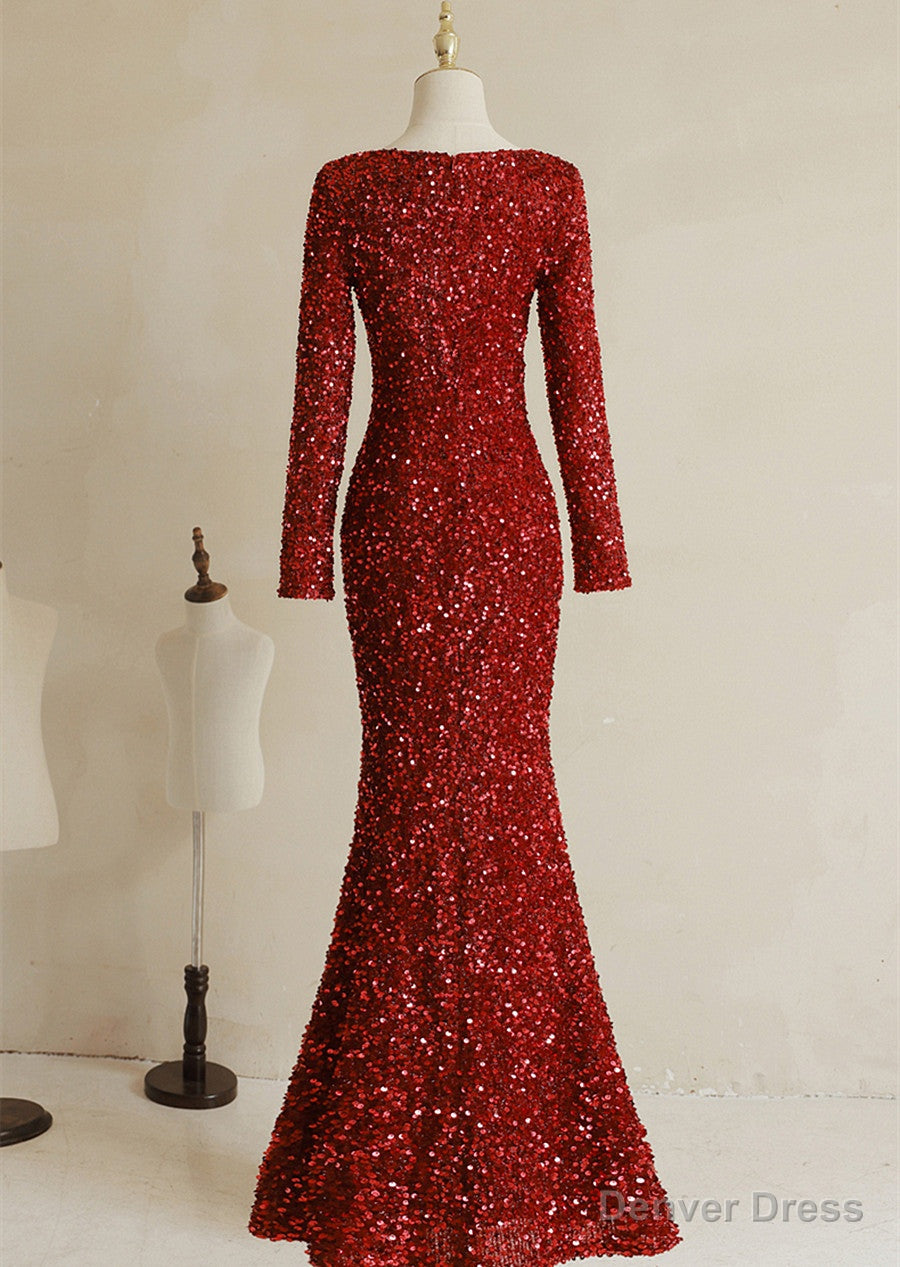 Wine Red Sequins Mermaid Long Sleeves Prom Dress, Wine Red Long Wedding Prom Dresses Secondary image