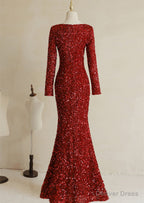 Wine Red Sequins Mermaid Long Sleeves Prom Dress, Wine Red Long Wedding Prom Dresses