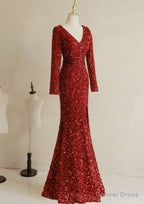 Wine Red Sequins Mermaid Long Sleeves Prom Dress, Wine Red Long Wedding Prom Dresses