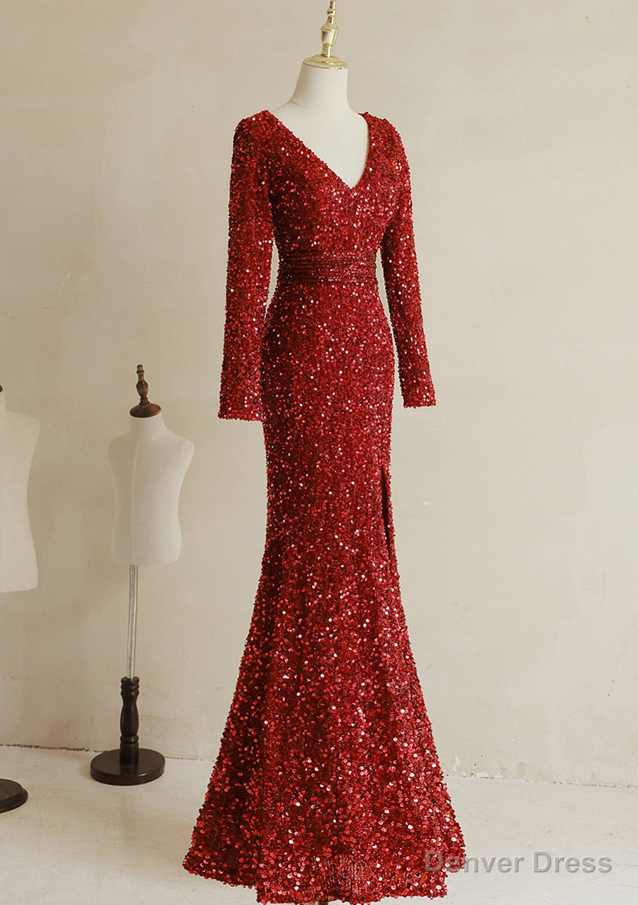 Wine Red Sequins Mermaid Long Sleeves Prom Dress, Wine Red Long Wedding Prom Dresses