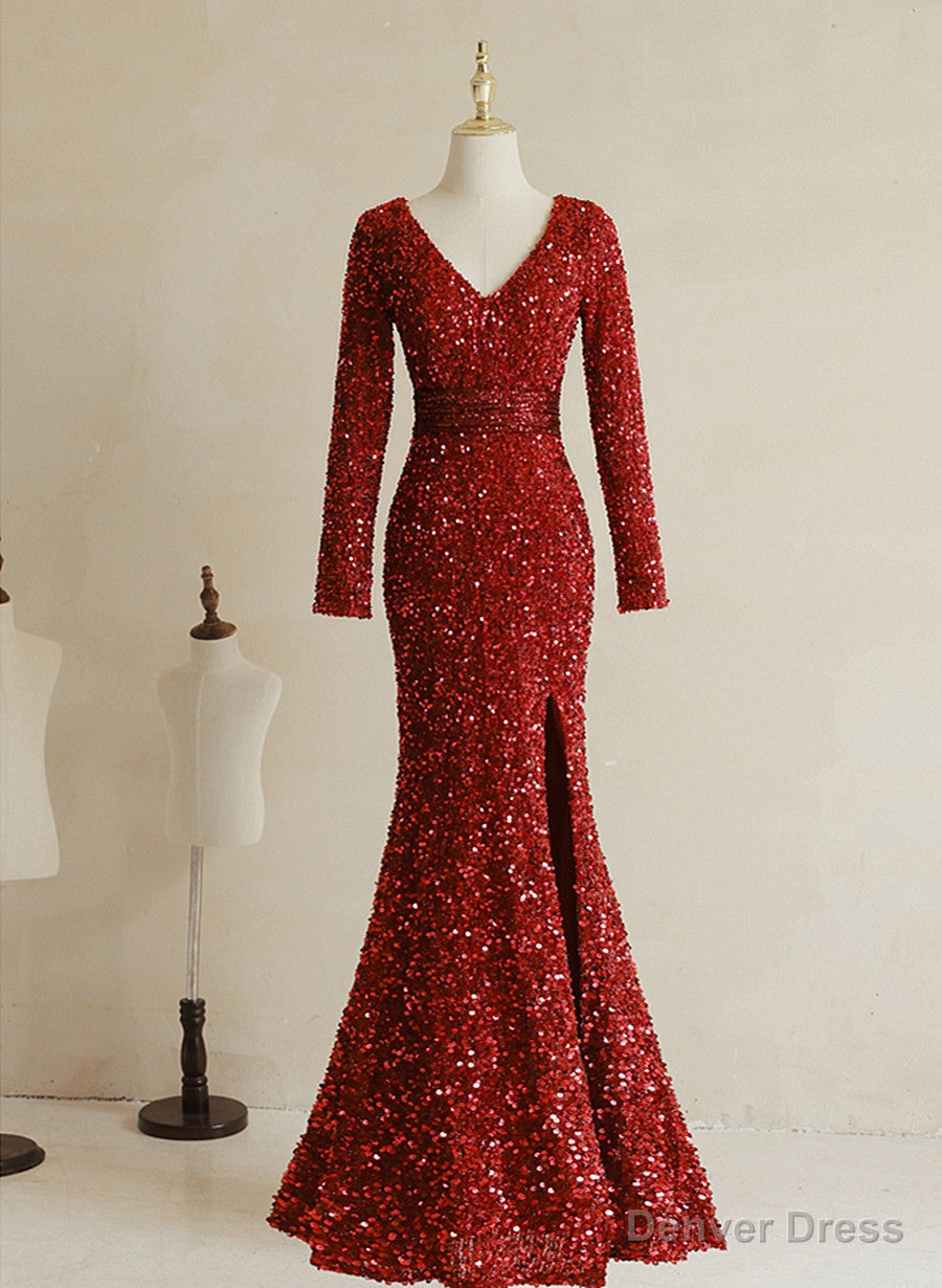 Wine Red Sequins Mermaid Long Sleeves Prom Dress, Wine Red Long Wedding Prom Dresses