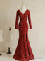 Wine Red Sequins Mermaid Long Sleeves Prom Dress, Wine Red Long Wedding Prom Dresses