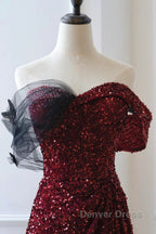Wine Red Sequins Off Shoulder Long Party Dresses, A-Line Sequins Prom Dresses