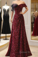 Wine Red Sequins Off Shoulder Long Party Dresses, A-Line Sequins Prom Dresses