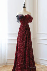Wine Red Sequins Off Shoulder Long Party Dress, A-Line Sequins Prom Dress