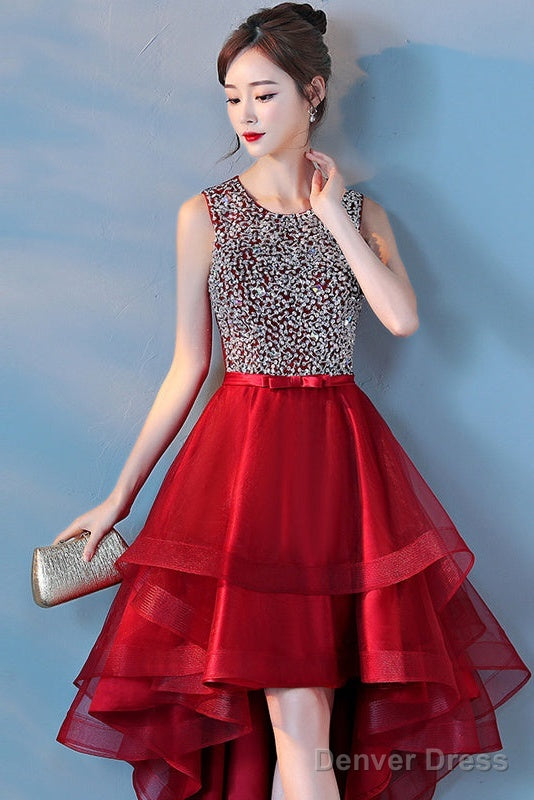 Wine Red Sequins Tulle High Low Round Neckline Party Dresses, Dark Red Homecoming Dresses