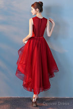 Wine Red Sequins Tulle High Low Round Neckline Party Dresses, Dark Red Homecoming Dresses