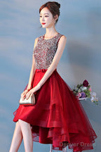 Wine Red Sequins Tulle High Low Round Neckline Party Dresses, Dark Red Homecoming Dresses