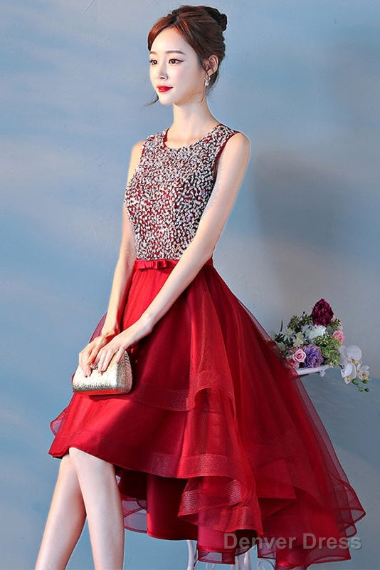 Wine Red Sequins Tulle High Low Round Neckline Prom Dress, Dark Red Homecoming Dresses
