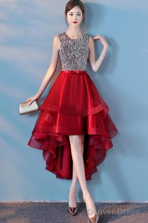Wine Red Sequins Tulle High Low Round Neckline Party Dresses, Dark Red Homecoming Dresses Main image