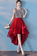 Wine Red Sequins Tulle High Low Round Neckline Prom Dress, Dark Red Homecoming Dresses
