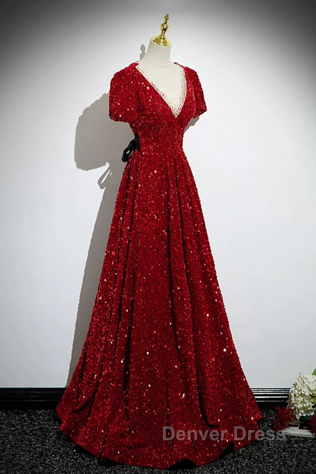 Wine Red Sequins V Neckline Short Sleeves Prom Dress, Wine Red Prom Dresses Secondary image