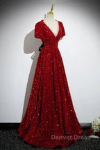Wine Red Sequins V Neckline Short Sleeves Prom Dress, Wine Red Prom Dresses