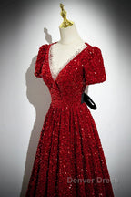 Wine Red Sequins V Neckline Short Sleeves Prom Dress, Wine Red Prom Dresses