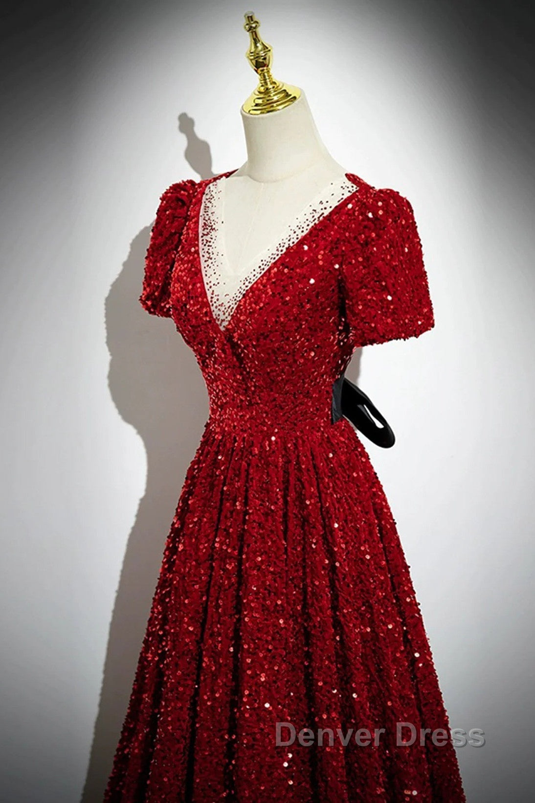 Wine Red Sequins V Neckline Short Sleeves Prom Dress, Wine Red Prom Dresses