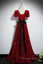 Wine Red Sequins V Neckline Short Sleeves Prom Dress, Wine Red Prom Dresses