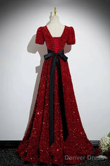 Wine Red Sequins V-Neckline Short Sleeves Party Dress, Wine Red Evening Dress