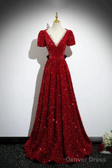 Wine Red Sequins V-Neckline Short Sleeves Party Dress, Wine Red Evening Dress