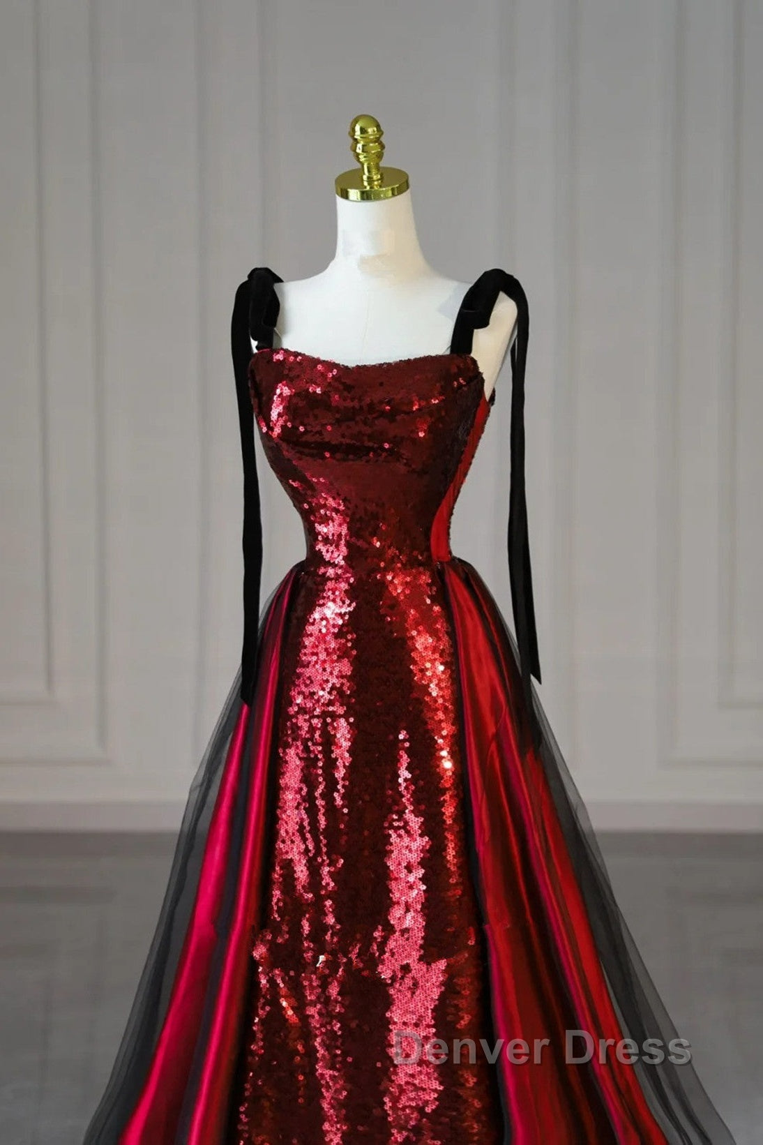 Wine Red Sequins With Black Tulle Straps Long Party Dresses, Wine Red Sequins Prom Dresses Secondary image