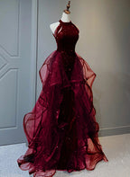 Wine Red Sequins With Tulle Long Prom Dress, Wine Red Halter Prom Dresses