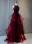 Wine Red Sequins With Tulle Long Prom Dress, Wine Red Halter Prom Dresses