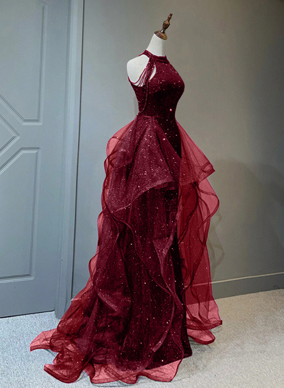 Wine Red Sequins With Tulle Long Prom Dress, Wine Red Halter Prom Dresses