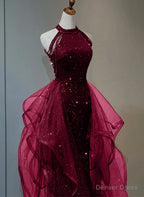 Wine Red Sequins with Tulle Long Prom Dress, Wine Red Halter Prom Dresses
