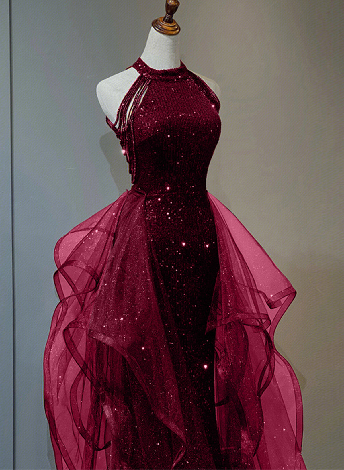 Wine Red Sequins With Tulle Long Prom Dress, Wine Red Halter Prom Dresses