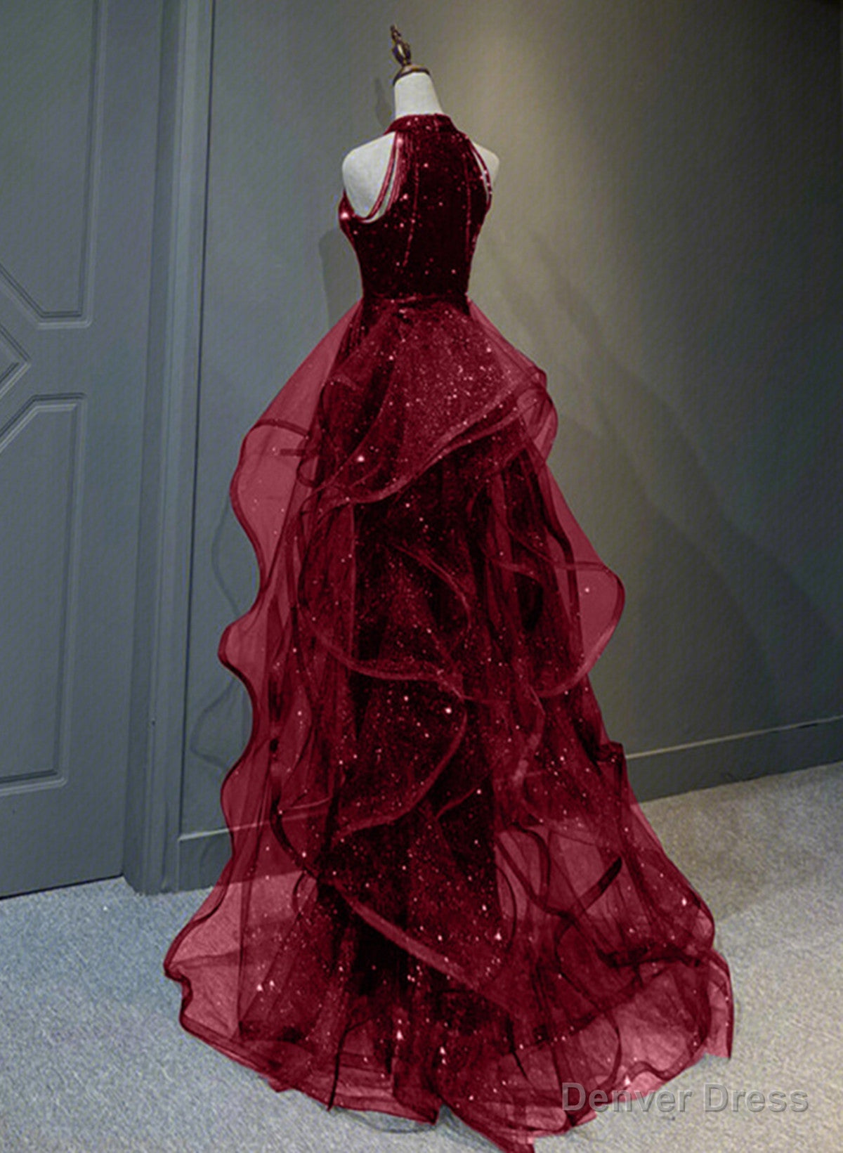 Wine Red Sequins with Tulle Long Prom Dress, Wine Red Halter Prom Dresses