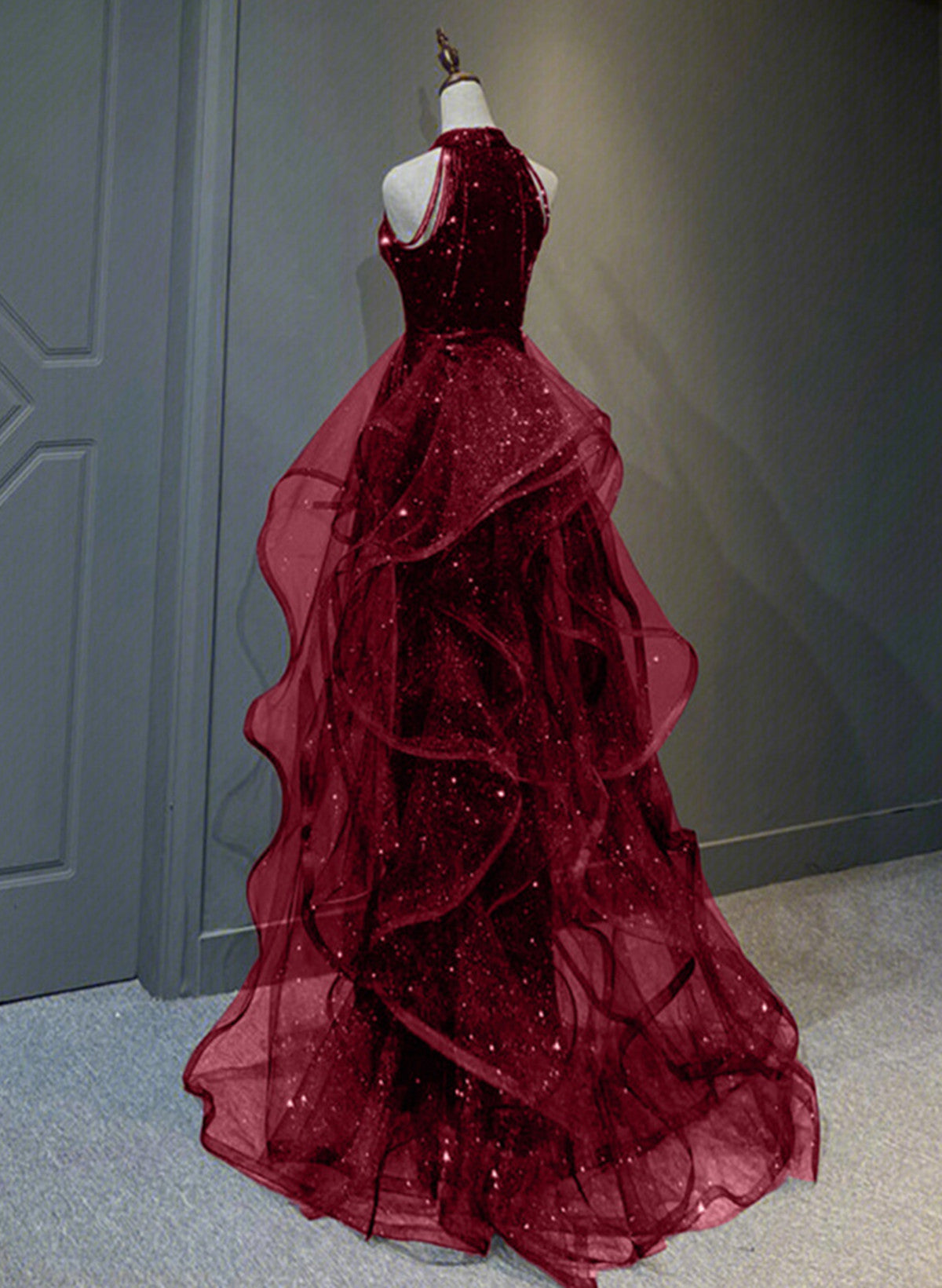 Wine Red Sequins With Tulle Long Prom Dress, Wine Red Halter Prom Dresses