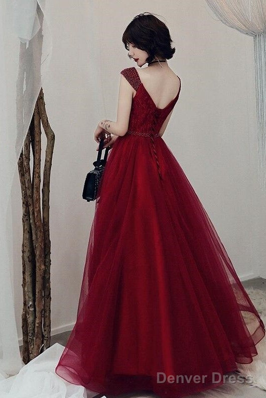 Wine Red Sexy V-Neck Beaded Tulle Long Prom Dress, Dark Red Tulle With Applique Evening Dresses