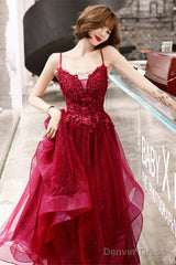 Wine Red Shiny Tulle Layers Straps Party Dress With Lace, V-Neckline Prom Dress