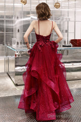 Wine Red Shiny Tulle Layers Straps Party Dress With Lace, V-Neckline Prom Dress