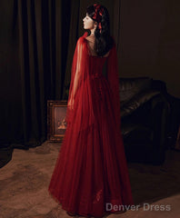Wine Red Shiny Tulle Straps Long Evening Dress, A-Line Tulle Junior Prom Dress