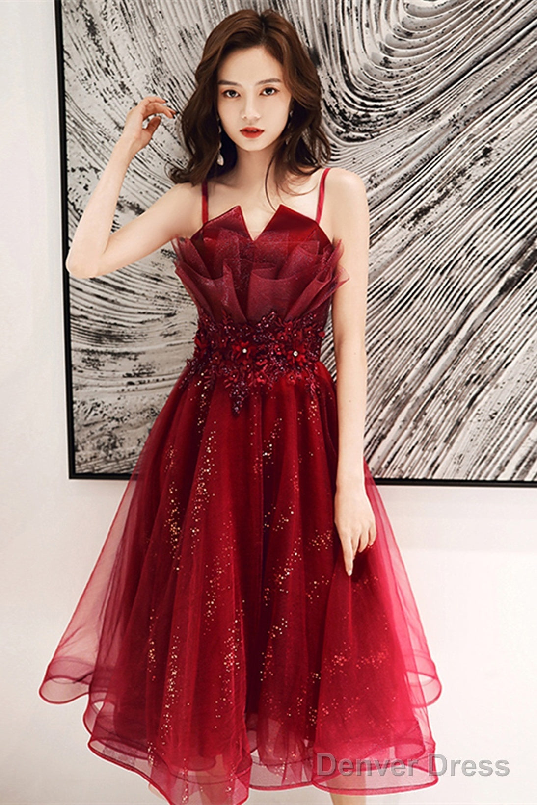 Wine Red Shiny Tulle Straps Short Homecoming Dress, Wine Red Tulle Short Prom Dress