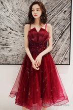 Wine Red Shiny Tulle Straps Short Homecoming Dress, Wine Red Tulle Short Prom Dress