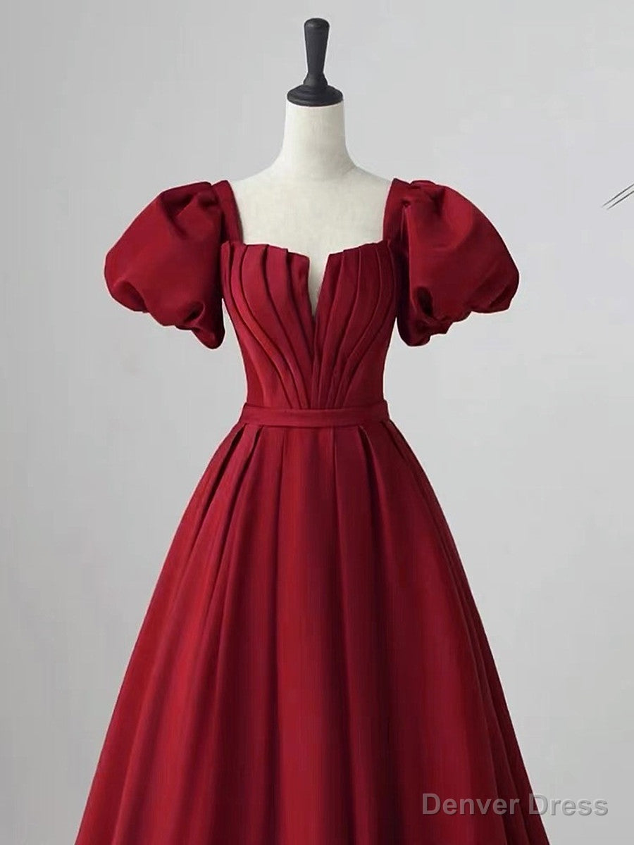 Wine Red Short Sleeves A-line Floor Length Party Dress, Long Prom Dress