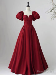 Wine Red Short Sleeves A-line Floor Length Party Dress, Long Prom Dress