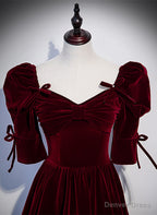 Wine Red Short Sleeves A Line Long Prom Dress, Wine Red Bridesmaid Dresses